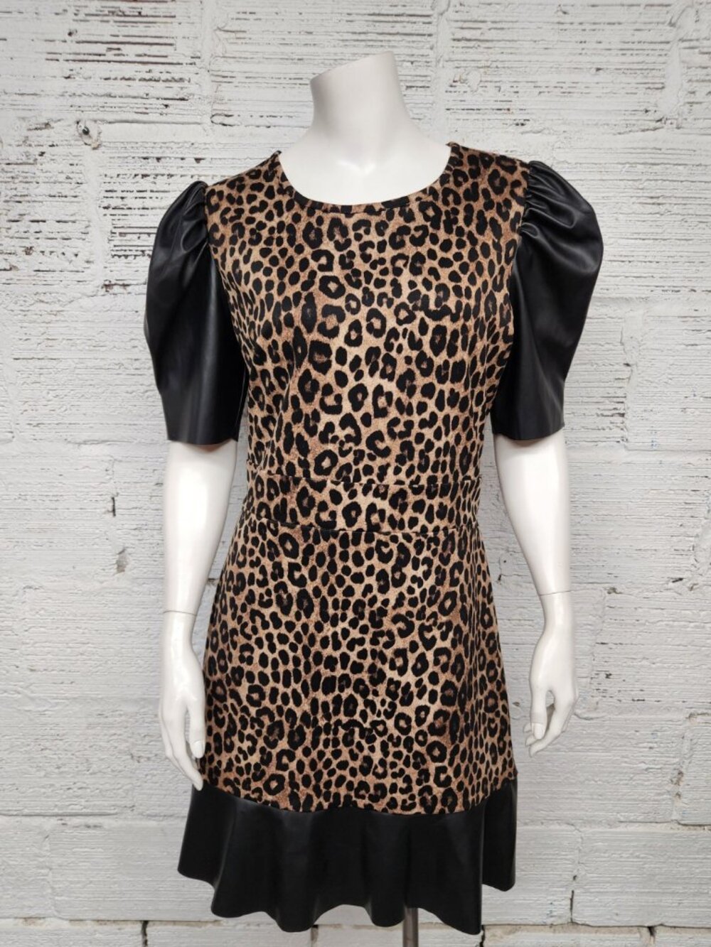 Michael Kors Size L Animal Print Leopard Faux Leather Trim Dress